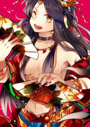 Rule 34 | 1girl, 77 degrees, ame no uzume (p&amp;d), bare shoulders, black hair, breasts, hand fan, folding fan, hair censor, headdress, japanese clothes, jewelry, kimono, long hair, looking at viewer, lots of jewelry, magatama, necklace, no bra, off shoulder, open clothes, open kimono, open mouth, puzzle &amp; dragons, smile, solo, yellow eyes