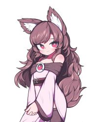 1girl, animal ears, bangs, black legwear, blush, bright pupils, brooch, brown hair, closed mouth, cowboy shot, dress, eyebrows visible through hair, hands together, hh, highres, imaizumi kagerou, jewelry, long hair, long sleeves, looking at viewer, red eyes, red hair, simple background, smile, solo, standing, tail, thighhighs, touhou, v arms, white background, white dress, white pupils, wide sleeves, wolf ears, wolf tail