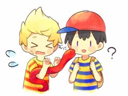 Rule 34 | &gt; &lt;, 0mzum1, 2boys, ?, backpack, bag, baseball cap, biting, black hair, blonde hair, blue shirt, blush, brown bag, cheek biting, closed eyes, commentary request, cropped torso, flying sweatdrops, hair between eyes, hands up, hat, lucas (mother 3), male focus, mother (game), mother 2, mother 3, multiple boys, ness (mother 2), nintendo, open mouth, purple eyes, quiff, red headwear, red shirt, rope snake, shirt, short hair, short sleeves, sideways hat, simple background, snake, striped clothes, striped shirt, sweat, t-shirt, translation request, two-tone shirt, upper body, wavy mouth, white background, yellow shirt