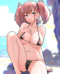 Rule 34 | 1girl, anchor hair ornament, areola slip, atlanta (kancolle), bikini, black bikini, blue sky, breasts, brown hair, cleavage, cloud, day, earrings, feet out of frame, furaggu (frag 0416), grey eyes, hair ornament, highres, jewelry, kantai collection, large breasts, long hair, micro bikini, navel, one-hour drawing challenge, outdoors, parted lips, sitting, sky, solo, star (symbol), star earrings, swimsuit, two side up