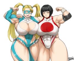 Rule 34 | 2girls, abs, arm around waist, armpits, batako (batakoart), black hair, blonde hair, blue leotard, bob cut, breasts, brown eyes, cleavage, closed eyes, clothing cutout, curvy, eyeliner, flexing, heart cutout, highres, huge breasts, leotard, long hair, makeup, mask, multiple girls, muscular, muscular female, rainbow mika, short hair, shoulder cutout, skin tight, smile, street fighter, street fighter v, thick thighs, thighs, twintails, wide hips, wrestling outfit, yamato nadeshiko (street fighter)