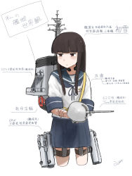 Rule 34 | 1girl, 4me 4ma, adapted turret, black hair, blue sailor collar, blue skirt, blunt bangs, brown eyes, cannon, character name, collared shirt, commentary request, cowboy shot, hatsuyuki (kancolle), headset, highres, hime cut, kantai collection, long hair, looking to the side, machinery, neckerchief, pleated skirt, sailor collar, school uniform, serafuku, shirt, simple background, skirt, smokestack, solo, standing, translation request, turret, white background
