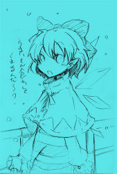 Rule 34 | 1girl, bakayanagi, blue background, blue theme, cirno, female focus, monochrome, perfect cherry blossom, snow, solo, touhou, traditional media, translated