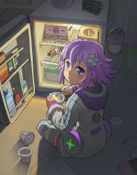 Rule 34 | 10s, 1girl, blush, bottle, carton, clock, d-pad, dark, earbuds, earphones, female focus, food, from behind, frown, full body, hair ornament, handheld game console, holding, holding spoon, hood, hooded track jacket, hoodie, jacket, long sleeves, looking at viewer, looking back, neptune (neptunia), neptune (series), paper, pudding, purple eyes, purple hair, refrigerator, sad, segamark, short hair, sitting, solo, spoon, striped clothes, striped thighhighs, tears, thighhighs, track jacket, trash can