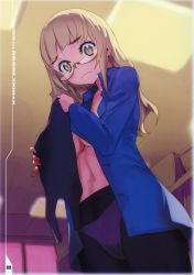 Rule 34 | 1girl, absurdres, akaga hirotaka, black pantyhose, blonde hair, blue one-piece swimsuit, blush, breasts, closed mouth, collarbone, glasses, highres, huge filesize, indoors, jacket, large breasts, long hair, military, military uniform, navel, no bra, one-piece swimsuit, open clothes, open jacket, panties, panties under pantyhose, pantyhose, perrine h. clostermann, school swimsuit, solo, standing, strike witches, swimsuit, underwear, uniform, white panties, world witches series, yellow eyes