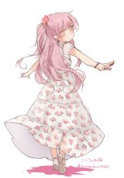Rule 34 | 1girl, alternate costume, alternate hairstyle, bracelet, character name, contemporary, dress, earrings, floral print, flower, from behind, full body, hair flower, hair ornament, hata no kokoro, highres, jewelry, long dress, long hair, looking at viewer, looking back, outstretched arms, pink hair, ponytail, sandals, short sleeves, simple background, solo, text focus, touhou, toutenkou, translation request, twitter username, white background, yellow eyes