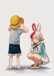 Rule 34 | 1boy, 1girl, age difference, aged down, artist request, bare legs, black hair, blush, dress, grin, hair rings, happy, hat, headphones, highres, long hair, looking at another, monkey d. luffy, multicolored hair, one piece, one piece film: red, red hair, short hair, shorts, simple background, smile, squatting, straw hat, two-tone hair, uta (one piece), very long hair, white dress
