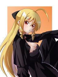 Rule 34 | 1girl, absurdres, ahoge, black dress, blonde hair, bow, breasts, dress, drill hair, hayate no gotoku!, highres, jewelry, large breasts, long hair, long skirt, looking at viewer, red eyes, simple background, skirt, solo, tennousu athena, very long hair