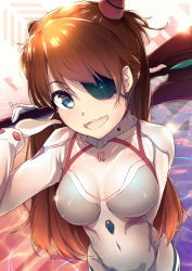 Rule 34 | 1girl, artist name, blue eyes, blush, bodysuit, breasts, clothes writing, dermar, evangelion: 3.0+1.0 thrice upon a time, evening, eyepatch, gloves, highres, holding, holding weapon, interface headset, lens flare, long hair, looking at viewer, medium breasts, neon genesis evangelion, ocean, open mouth, orange hair, outdoors, pilot suit, plugsuit, polearm, rebuild of evangelion, skin tight, smile, solo, souryuu asuka langley, spear, spear of cassius, two side up, very long hair, water, weapon, white bodysuit, white gloves