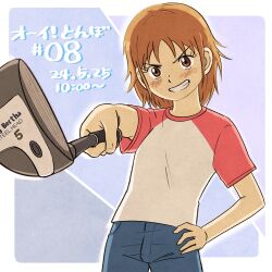 Rule 34 | 1girl, absurdres, brown eyes, brown hair, copyright name, golf, golf club, grin, hand on own hip, highres, holding, holding golf club, looking at viewer, official art, ooi! tonbo, ooi tonbo, shirt, short hair, short sleeves, shorts, smile, smirk, solo, standing, t-shirt, tomboy, upper body, v-shaped eyebrows