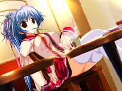 Rule 34 | 1girl, blue hair, book, brown eyes, coffee, crossed legs, cup, dutch angle, game cg, long hair, mitsumine minato, mouth hold, mug, non-web source, oshiki hitoshi, pen, ponytail, ribbon, school uniform, sitting, solo, suzunone seven, thighhighs, white thighhighs