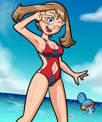Rule 34 | 1girl, absurdres, alternate breast size, arm at side, armpits, artist request, beach, blue eyes, body blush, breasts, brown hair, cleavage, closed eyes, clothing cutout, cloud, collarbone, creatures (company), day, eyelashes, female focus, floating, game freak, gen 3 pokemon, gen 6 pokemon, hand up, happy, highres, light particles, light rays, looking at viewer, may (pokemon), may (pokemon oras), medium hair, mudkip, navel cutout, neck, nintendo, ocean, one-piece swimsuit, one eye closed, open mouth, outdoors, outstretched arms, partially submerged, pokemon, pokemon (creature), pokemon oras, red one-piece swimsuit, shiny skin, short ponytail, side-tie swimsuit, side bangs, sideboob, sidelocks, size difference, skin tight, sky, smile, spread arms, spread legs, standing, summer, sunlight, swimming, swimsuit, thighs, thighs together, two-tone swimsuit, v, wet, wink