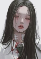 Rule 34 | 1girl, absurdres, bandaid, bandaid on neck, black hair, blood, blood on clothes, eriol s2, expressionless, green necktie, grey background, highres, injury, korean commentary, long hair, looking at viewer, necktie, nosebleed, open mouth, original, portrait, red eyes, shirt, simple background, solo, teeth, white shirt