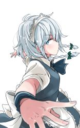 Rule 34 | 1girl, ahoge, apron, ascot, blue skirt, blue vest, blurry, bow, braid, commentary, depth of field, from side, green bow, highres, izayoi sakuya, looking at viewer, maid headdress, outstretched arms, perspective, puffy short sleeves, puffy sleeves, short sleeves, silver hair, simple background, skirt, solo, spread arms, touhou, twin braids, upper body, vest, waist apron, white apron, white background, wrist cuffs, zk (zk gundan)
