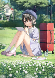 Rule 34 | 1girl, 5 nenme no houkago, black hair, blurry, blurry background, closed mouth, commentary request, day, dress, full body, grey dress, hair between eyes, hair ornament, hair scrunchie, highres, holding, holding pen, kantoku, knees up, outdoors, panties, pen, pink footwear, purple eyes, scrunchie, shizuku (kantoku), short dress, short hair, short sleeves, sitting, socks, solo, textless version, underwear, white clover, white panties, white scrunchie, white socks