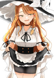 Rule 34 | alternate eye color, apron, bike shorts, black hat, black nails, black shorts, black vest, bow, braid, buttons, clothes lift, constricted pupils, frilled hat, frills, green eyes, hat, highres, kirisame marisa, looking to the side, nail polish, necro (nekurodayo), shorts, side braid, single braid, skirt, skirt lift, slit pupils, smile, touhou, vest, waist apron, white bow, witch hat
