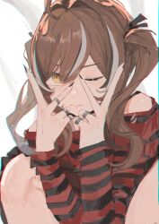 Rule 34 | 1girl, absurdres, ahoge, black nails, black skirt, black sweater, brown eyes, brown hair, chromatic aberration, dimas (dimas79756948), double v, emo fashion, hair over one eye, highres, hololive, hololive english, jewelry, looking at viewer, multicolored hair, multiple rings, nanashi mumei, nanashi mumei (emo), official alternate costume, one eye closed, pleated skirt, red sweater, ring, skirt, spaghetti strap, squatting, streaked hair, striped clothes, striped sweater, sweater, twintails, two-tone sweater, v, virtual youtuber