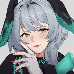 Rule 34 | 1girl, arknights, commentary request, fingerless gloves, gloves, green eyes, grey background, grey gloves, grey hair, grey nails, hair intakes, hand up, head tilt, head wings, ho&#039;olheyak (arknights), looking at viewer, motirimoti, nail polish, parted lips, portrait, short hair, simple background, smile, solo, wings