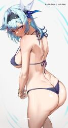 Rule 34 | 1girl, artist name, ass, ass focus, back, back focus, bare legs, bare shoulders, black hairband, blue hair, blush, bra, breasts, butt crack, dimples of venus, eula (genshin impact), from behind, genshin impact, hair between eyes, hair ornament, hairband, highres, lace, lace-trimmed panties, lace trim, large breasts, lingerie, liremi, looking at viewer, looking back, medium hair, panties, patreon username, purple eyes, shoulder blades, solo, thighs, underwear, underwear only