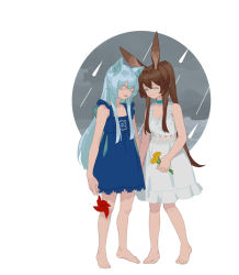 Rule 34 | amiya (arknights), animal ear fluff, animal ears, arknights, bare legs, barefoot, blue choker, blue dress, blue eyes, blue hair, brown hair, cat ears, cat girl, chinese commentary, choker, closed eyes, closed mouth, cloud, cloudy sky, commentary request, dress, favilia, feet, flower, frilled dress, frilled sleeves, frills, full body, half-closed eyes, head tilt, holding, legs, long hair, looking at another, open mouth, rabbit ears, rabbit girl, rain, rosmontis (arknights), short sleeves, sidelocks, silver hair, simple background, sky, smile, standing, white background, white dress, yellow flower