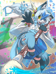 Rule 34 | 1girl, :3, animal ear fluff, animal ears, animal feet, animal nose, anklet, arm up, barefoot, between legs, blue fur, blue hair, blue hakama, blue ribbon, blush, body fur, bracelet, character name, copyright name, crossed bangs, fang, feet, female focus, flat chest, fox ears, fox girl, fox tail, full body, furry, furry female, hair between eyes, hair ornament, hair ribbon, hakama, hakama skirt, hand up, happy, highres, holding, holding stylus, japanese clothes, jewelry, kame (3t), kimono, leg up, legs, long hair, long sleeves, looking at viewer, multicolored background, multicolored fur, multicolored hair, necklace, one eye closed, open mouth, outline, outstretched arm, oversized object, paint tube, pixelated, pixiv, pixiv-tan, pixiv logo, ponytail, reaching, reaching towards viewer, ribbon, ribbon trim, rope, sash, see-through, shimenawa, sidelocks, skirt, smile, snout, solo, spread fingers, stylus, tail, thigh strap, two-tone hair, white fur, white kimono, white outline, wide sleeves, wink, yellow eyes