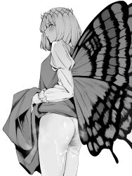 Rule 34 | 1boy, ass, blush, butterfly wings, clothes lift, commentary request, cowboy shot, crown, cum, cum on ass, cum on body, cum on legs, cum on lower body, diamond (shape), diamond crown, diamond hairband, dress, dress lift, facing to the side, fate/grand order, fate (series), frilled shirt collar, frilled sleeves, frills, furrowed brow, greyscale, highres, insect wings, lifting own clothes, long sleeves, looking to the side, male focus, monochrome, oberon (fate), pantyhose, puffy long sleeves, puffy sleeves, sausu hitori, solo, sweatdrop, trap, white background, wings, yaoi