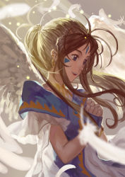 Rule 34 | 1girl, aa megami-sama, angel wings, belldandy, blue eyes, blurry, brown hair, club3, depth of field, earrings, facial mark, feathers, highres, jewelry, light rays, long hair, own hands together, smile, solo, sunbeam, sunlight, wings