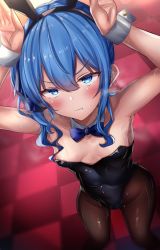 Rule 34 | 1girl, animal ears, bare shoulders, black leotard, blue eyes, blue hair, blush, bow, bowtie, breasts, detached collar, fake animal ears, hair between eyes, highres, hololive, hoshimachi suisei, leotard, long hair, looking at viewer, medium hair, pantyhose, playboy bunny, rabbit ears, rabbit tail, shiki (catbox230123), side ponytail, small breasts, solo, strapless, strapless leotard, sweat, tail, virtual youtuber, wrist cuffs