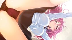 Rule 34 | 1girl, all fours, black ribbon, blush, breasts, cameltoe, closed mouth, female focus, from below, game cg, groin, indoors, kanou mizuho (love cafe), large breasts, legs, long hair, looking at viewer, love cafe: doutei na ore demo, kyonyuu onna senpai to dousei dekirutte maji desu ka?, original, panties, pink hair, ppp room, red eyes, ribbon, skirt, smile, solo, thighs, underwear, upskirt