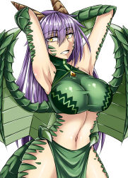Rule 34 | 1girl, animal hands, armpits, arms behind head, arms up, body jewelry, breasts, cowboy shot, dragon (monster girl encyclopedia), dragon girl, dragon wings, gem, green wings, horns, jewelry, large breasts, long hair, looking at viewer, monster girl, monster girl encyclopedia, navel, open mouth, parted lips, pelvic curtain, purple hair, sanmoto gorouzaemon, scales, simple background, slit pupils, solo, tail, white background, wings, yellow eyes