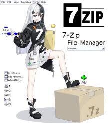 Rule 34 | 1girl, 7-zip, :d, absurdres, arrow (symbol), black eyes, black footwear, black hair, black sweater, boots, box, boxcutter, chinese commentary, commentary request, copyright name, english text, folder, hair ornament, hairpin, highres, holding, holding boxcutter, holding folder, logo, long hair, long sleeves, looking at viewer, minus sign, multicolored clothes, multicolored hair, multiple hairpins, open mouth, personification, plus sign, smile, solo, sweater, text print, user interface, white hair, white sweater, x hair ornament, xiazi (hypotenuseleg), zipper