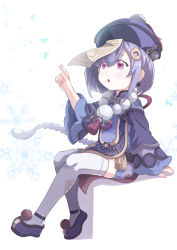 Rule 34 | 1girl, 9-san, absurdres, bandaged leg, bandages, bead necklace, beads, braid, cape, chinese clothes, coin hair ornament, commentary request, eyes visible through hair, genshin impact, hair between eyes, hair ornament, hat, highres, index finger raised, jewelry, jiangshi, long hair, long sleeves, looking up, low ponytail, necklace, ofuda, parted lips, pointing, pointing up, purple eyes, purple hair, qingdai guanmao, qiqi (genshin impact), shoes, sidelocks, simple background, single braid, sitting, snowflakes, solo, thighhighs, white background, white thighhighs, zettai ryouiki