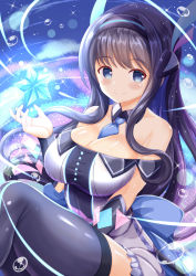 Rule 34 | 1girl, bare shoulders, between breasts, black hair, black hairband, black sleeves, blue eyes, blue necktie, blush, breasts, cleavage, closed mouth, collar, detached collar, detached sleeves, dress, feet out of frame, frilled dress, frills, glowing, hairband, hand up, highres, knee up, large breasts, long hair, long sleeves, looking at viewer, misumi aoi, necktie, necktie between breasts, off-shoulder dress, off shoulder, ongeki, smile, solo, star (symbol), thighhighs, very long hair, white collar, white dress, wing collar, xenon (for achieve)