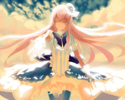 Rule 34 | 1girl, blue bow, blue bowtie, blue sky, bow, bowtie, bracelet, chinese commentary, closed eyes, cloud, cloudy sky, commentary, cowboy shot, double lariat (vocaloid), dress, frilled skirt, frills, gloves, hair ornament, jewelry, kidlove0102, light smile, long hair, megurine luka, pink hair, puffy short sleeves, puffy sleeves, reaching, reaching towards viewer, short sleeves, skirt, sky, solo, straight hair, striped clothes, striped dress, sunlight, thighhighs, very long hair, vocaloid, white gloves