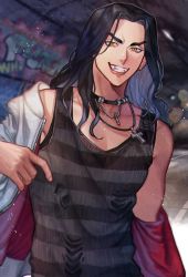 Rule 34 | 1boy, 330armeria, baji keisuke, black hair, black tank top, cross, cross necklace, grin, hand up, highres, jacket, jewelry, long hair, male focus, necklace, off shoulder, smile, solo, tank top, tokyo revengers, tsurime, upper body, v-shaped eyebrows, white jacket, yellow eyes