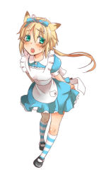 Rule 34 | 1boy, aqua eyes, blonde hair, blush, bow, chung seiker, crossdressing, dress, elsword, full body, hair bow, hair flaps, inaworks, kneehighs, long hair, male focus, mary janes, open mouth, ponytail, shoes, simple background, socks, solo, striped clothes, striped socks, trap, white background