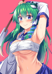 Rule 34 | 1girl, arm up, armpits, bandages, bandages around chest, bare shoulders, blue eyes, blue skirt, blush, breasts, chest sarashi, clothes lift, commentary request, detached sleeves, e.o., frog hair ornament, green hair, hair between eyes, hair ornament, hair tubes, holding, kochiya sanae, large breasts, long hair, long sleeves, looking at viewer, navel, pink background, presenting armpit, sarashi, shirt lift, sidelocks, simple background, skirt, smile, snake hair ornament, solo, stomach, strapless, sweat, touhou, tube top, upper body, wide sleeves