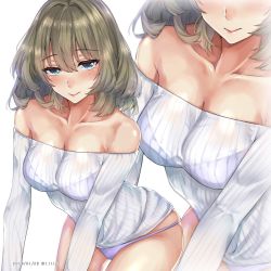 Rule 34 | 111lyz, 1girl, bad id, bad pixiv id, bare shoulders, blue eyes, blush, breasts, brown hair, cleavage, closed mouth, collarbone, commentary request, cowboy shot, dated, green eyes, heterochromia, highres, idolmaster, idolmaster cinderella girls, leaning forward, looking at viewer, medium breasts, mole, mole under eye, no pants, off-shoulder shirt, off shoulder, panties, purple panties, ribbed sweater, shirt, short hair, solo, standing, sweater, takagaki kaede, twitter username, underwear, zoom layer