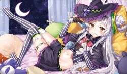 Rule 34 | 1girl, bed, belly, blunt bangs, blush, capelet, card, commentary request, crop top, gloves, grin, hair bun, hair ornament, hat, hololive, leg up, long hair, looking at viewer, midriff, murasaki shion, murasaki shion (1st costume), navel, night, no shoes, pensuke, pillow, pinstripe pattern, pinstripe shirt, ribbon, shirt, silver hair, single hair bun, single side bun, smile, solo, striped clothes, striped shirt, striped thighhighs, thighhighs, vertical-striped clothes, vertical-striped shirt, vertical-striped thighhighs, virtual youtuber, witch hat, yellow eyes