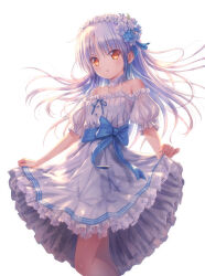 Rule 34 | 1girl, alternate costume, angel beats!, armpit crease, backlighting, bare shoulders, black ribbon, blue bow, blue flower, blush, bow, comiket 103, commentary request, detached collar, dress, eyes visible through hair, feet out of frame, floating hair, flower, flower wreath, frilled dress, frills, goto p, grey hair, hair between eyes, hair flower, hair ornament, hairband, head wreath, highres, jewelry, long hair, looking at viewer, necklace, off-shoulder dress, off shoulder, open mouth, puffy short sleeves, puffy sleeves, ribbon, short sleeves, simple background, skirt hold, smile, solo, standing, tenshi (angel beats!), white background, white dress, white flower, white hairband, yellow eyes