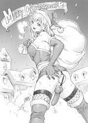 1girl absurdres aian anal blonde_hair boots breasts butt_plug elbow_gloves english_text fishnets futanari gloves greyscale hat highres holding holding_sack looking_at_viewer looking_back microskirt monochrome original outdoors penis sack santa_hat sex_toy skirt smile testicles thigh_boots