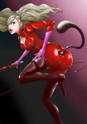 Rule 34 | 10s, 1girl, absurdres, ass, blue eyes, bodysuit, boots, breasts, cameltoe, earrings, from behind, gloves, hair ornament, hairclip, highres, jewelry, latex, latex gloves, latex suit, long hair, looking back, medium breasts, open mouth, persona, persona 5, platinum blonde hair, purple gloves, shiny clothes, sideboob, skin tight, solo, tail, takamaki anne, thigh boots, thighhighs, thighs, twintails, whip, zipper