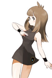 Rule 34 | 1girl, black wristband, blush, breasts, brown hair, closed mouth, commentary request, cowboy shot, creatures (company), dress, game freak, green (pokemon), hand up, holding, holding poke ball, long hair, looking at viewer, milkpeachi, nintendo, poke ball, poke ball (basic), pokemon, pokemon adventures, short dress, sidelocks, sleeveless, sleeveless dress, solo, white background, wristband