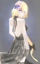 Rule 34 | 1girl, alternate costume, backless dress, backless outfit, bare shoulders, black dress, black thighhighs, blue eyes, braid, dress, fate/apocrypha, fate (series), flower, from behind, gloves, grey background, hair flower, hair ornament, highres, jeanne d&#039;arc (fate), jeanne d&#039;arc (formal dress) (fate), jeanne d&#039;arc (ruler) (fate), long hair, looking at viewer, painterly, single braid, sketch, smile, solo, thighhighs, very long hair, weko
