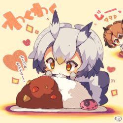 Rule 34 | 10s, 2girls, big head, brown hair, chibi, commentary request, eurasian eagle owl (kemono friends), eyebrows, food, food request, grey hair, hair between eyes, hatching (texture), heart, kemono friends, multicolored hair, multiple girls, muuran, northern white-faced owl (kemono friends), open mouth, oversized food, oversized object, owl ears, parted bangs, plate, raised eyebrows, rice, sepia, short eyebrows, signature, sparkle, translation request, triangle mouth