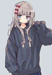 1girl aoi_tori blue_eyes blunt_bangs bow commentary_request drawstring expressionless grey_hair hair_bow hair_ornament hairclip hand_up highres hood hood_down hoodie long_hair long_sleeves looking_to_the_side original oversized_clothes sleeves_past_wrists solo