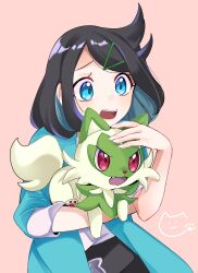 Rule 34 | 1girl, black hair, black shorts, coat, commentary request, cowlick, creatures (company), eyelashes, game freak, green coat, green eyes, hair ornament, hairclip, highres, holding, holding pokemon, liko (pokemon), nintendo, open mouth, pink background, pokemon, pokemon (anime), pokemon (creature), pokemon horizons, raised eyebrows, shirt, shorts, sprigatito, teeth, tongue, ukocome, upper teeth only, white shirt