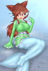 Rule 34 | animal ears, breasts, brown hair, cosplay, diving suit, fins, highres, imaizumi kagerou, julian semenov, mermaid costume, monofin, open mouth, sitting, touhou, wakasagihime, wakasagihime (cosplay), webbed hands