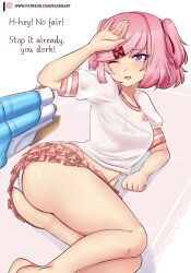 Rule 34 | 1girl, :d, absurdres, alternate costume, ass, brown skirt, doki doki literature club, english text, fang, feet out of frame, hair ornament, highres, layered skirt, lying, miniskirt, natsuki (doki doki literature club), navel, on side, open mouth, panties, pink eyes, pink hair, pleated skirt, raion (raionart), shirt, short sleeves, skirt, smile, solo, twintails, underwear, water gun, wedgie, wet, white panties, white shirt, x hair ornament