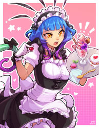 Rule 34 | alternate costume, apron, bow, cake, food, gloves, ice cream, league of legends, maid, maid headdress, neeko (league of legends), pink background, reptile girl, ribbon, solo, spoon, tail